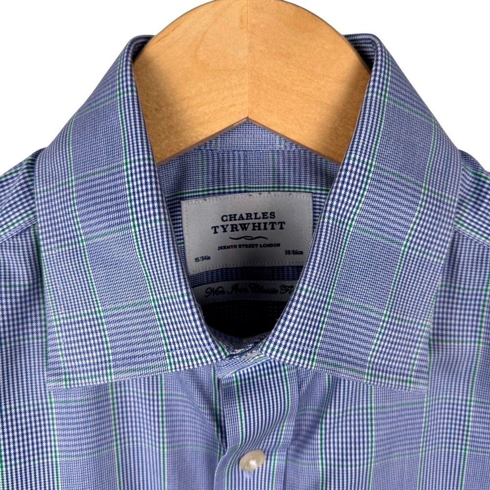 Charles Tyrwhitt Glen Plaid Non-Iron Classic Fit Dress Shirt Mens 15/34 Blue